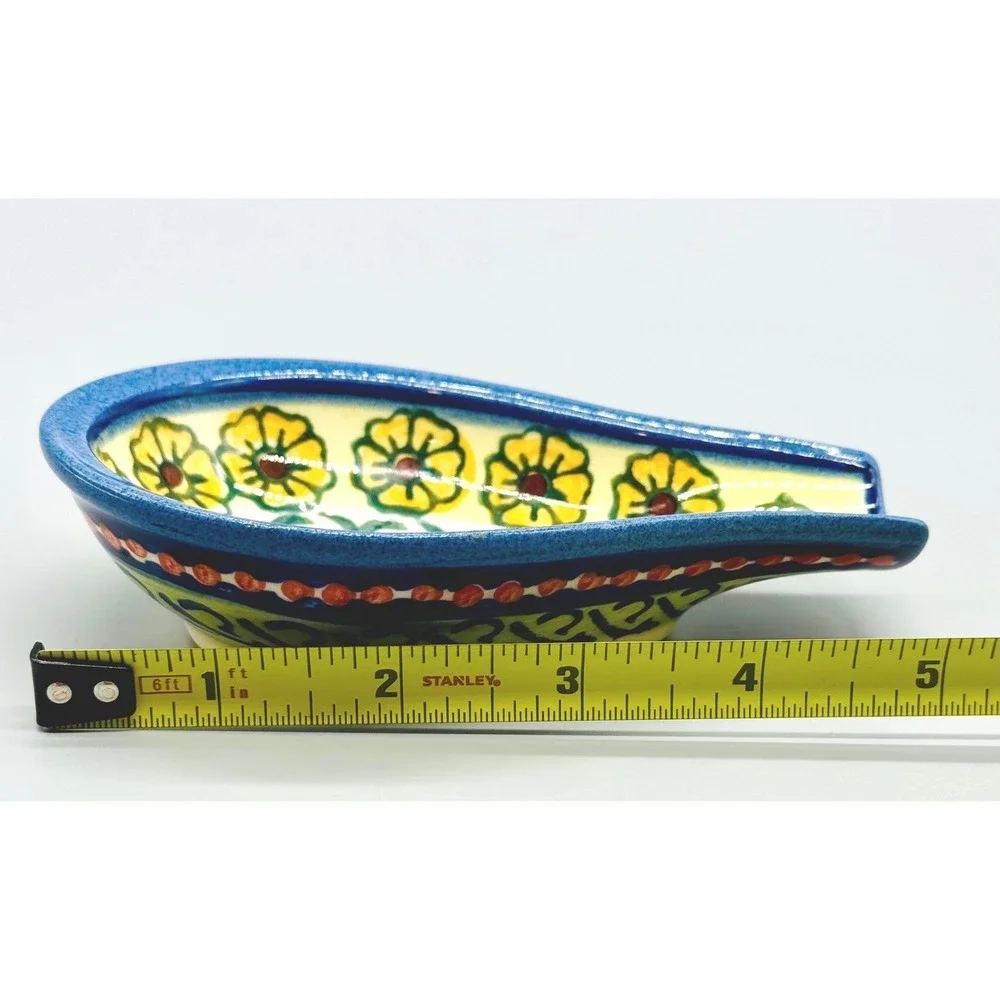 Unikat Polish Pottery Spoon Rest Blue Yellow Floral L Burnicki Boleslawiec